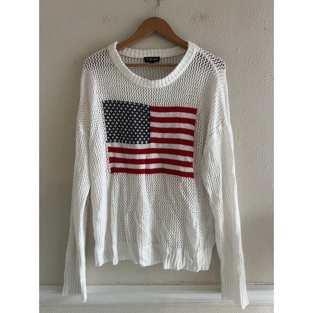 Timing White Open Knit American Flag Oversized Light Sweater Top Patriotic